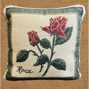 Vintage Needlepoint Tapestry Rose Cottage Accent Pillow 12 X 12